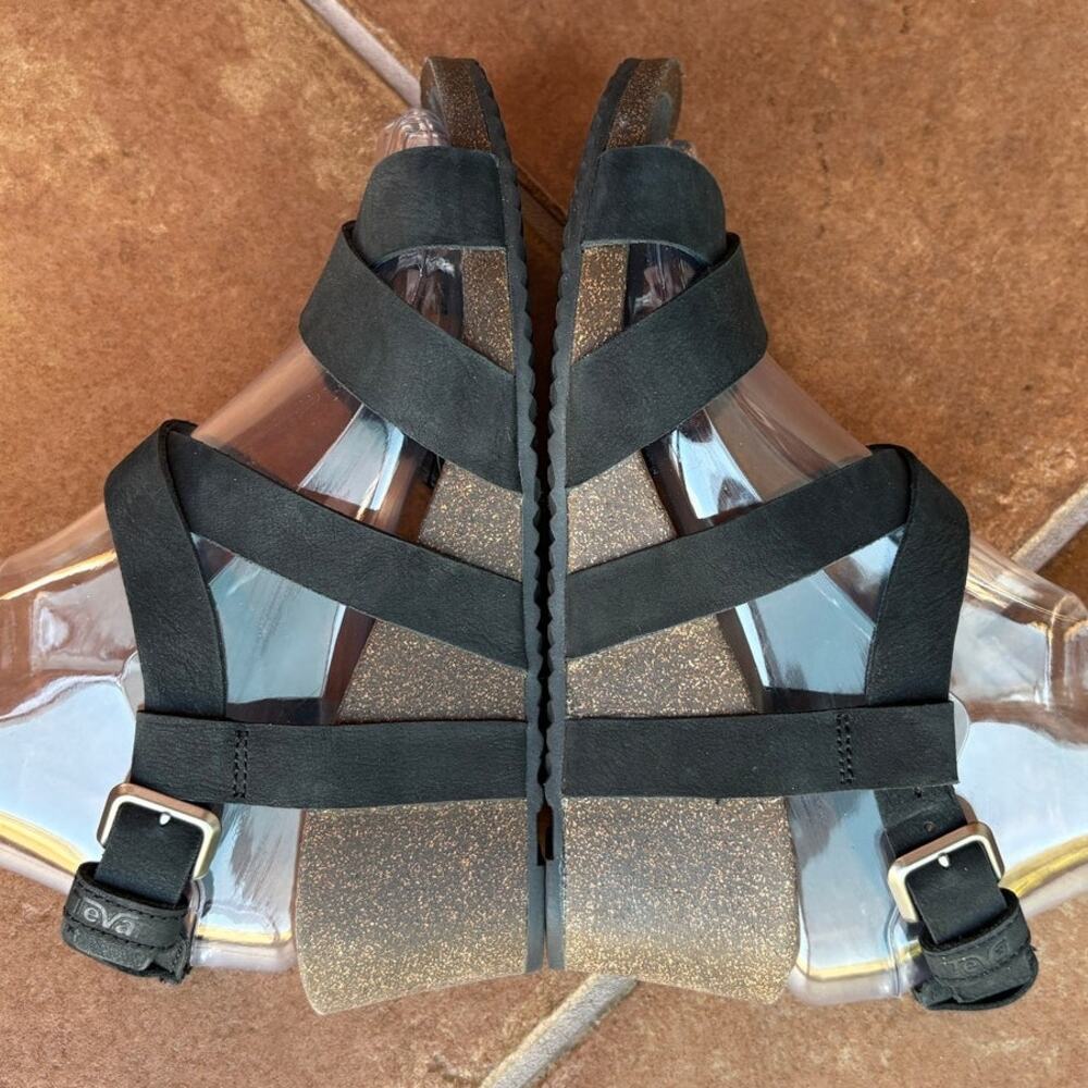 Teva Matte Black Mahonia Cork Sole Wedge Cross Strap Sandals w Buckles size 7 - Picture 10 of 16